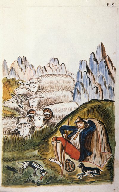Der Hirte und seine Schafherde, aus dem Buch „Trujillo del Peru“ oder „Códice Martínez Compañón“, von Baltazar Martínez Compañón y Bujanda, Bischof von Trujillo (1782-1785) von Unknown artist
