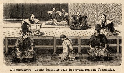 Die Stufen der Gerechtigkeit: Verhör, Verlesung der Anklageschrift an den Angeklagten, der vor seinen Richtern steht, kniet, sein Hals wird von einem Seil gehalten, das ein Wächter hält. Illustration der Reise nach Japan, 1863-1864, von Aime Humbert, Minis von Unknown artist
