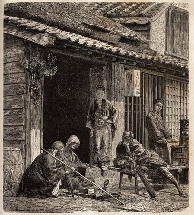Die Schwelle eines Dorfgasthauses in Japan, die Wirtinnen dienen als Gastgeber für ihre Stammgäste. Gravur zur Illustration der Reise nach Japan in den Jahren 1863-1864, von Aime Humbert, Minister der Schweizerischen Eidgenossenschaft, in „Le tour du monde von Unknown artist
