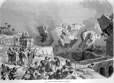 Die Mauern von Jericho stürzten unter dem Klang der Trompeten von Hosea ein, was den Hebräern ermöglichte, sie zu erobern. Buch Josua. Gravur des 19. Jahrhunderts von Unknown artist