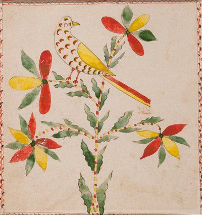 Kleiner gelber und roter Vogel auf blühendem Zweig von Unknown artist