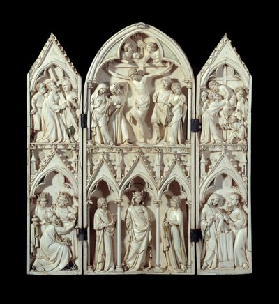 Triptychon von Saint-Sulpice du Tarn: Kreuztragung, Kreuzigung, Kreuzabnahme, Anbetung der Heiligen Drei Könige, Glorreiche Jungfrau, Darstellung im Tempel. Elfenbeinrelief um 1300 Paris, Nationalmuseum des Mittelalters, Thermen von Unknown artist