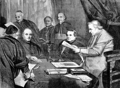 Erstes Vatikanisches Konzil. Papst Pius IX. umgeben von Mitgliedern des Direktoriums des Konzils. 1869 von Unknown artist