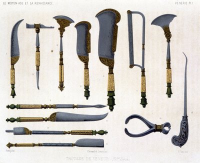 Venerie-Tafel: 16. Jahrhundert Jägerausrüstung. In „Das Mittelalter und die Renaissance“ von Lacroix von Unknown artist