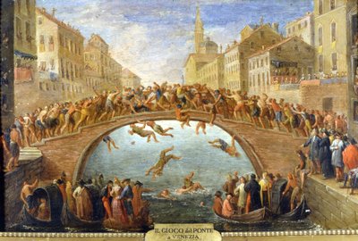 Venedig, das Spiel der Brücke. Anonymes Gemälde. 18. Jahrhundert. Private Sammlung von Unknown artist
