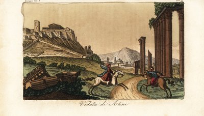 Ansicht der Stadt Athen, Griechenland, mit der Akropolis und dem Parthenon links, Ruinen von Säulen, Denkmälern und Propyläen vorne von Unknown artist