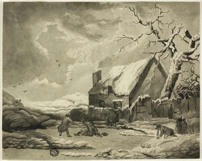 Winterszene mit Menschen vor einem Cottage in der Nähe eines Teiches von Unknown artist