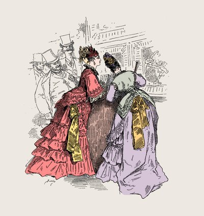 Frau in einem Museum: „Wenn ich Ihnen sage, dass es ein Kleid von Worth ist, erkenne ich den Stil“ (Charles Frederick Worth 1825-1895) - Illustration von Charles Albert d