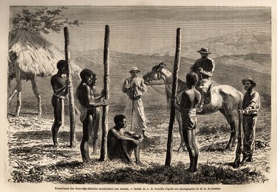Arbeiter aus den Neuen Hebriden (oder seit 1980, die Republik Vanuatu, ein melanesischer Archipel nördlich von Neukaledonien), die ein Haus bauen, das der Autor während eines Ausritts trifft. Illustration der Reise nach Neukaledonien von Unknown artist