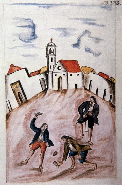 Junge Indianer spielen mit einem Kreisel, aus dem Buch „Trujillo del Peru“ oder „Códice Martínez Compañón“, von Baltazar Martínez Compañón y Bujanda, Bischof von Trujillo (1782-1785) von Unknown artist