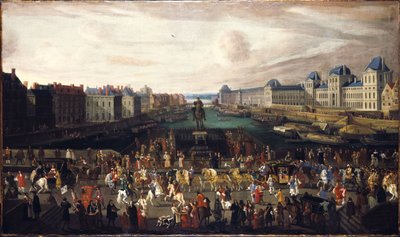 Der Pont-Neuf, gesehen vom Eingang des Place Dauphine, der Quai Malaquais mit dem im Bau befindlichen Collège des Quatre-Nations, die Grande Galerie und der Louvre, um 1665. Passage eines Zuges auf der Brücke, zwischen 1665 und 1669 von Unknown artist