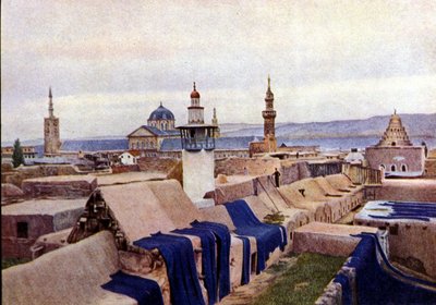 Blaue Baumwollstoffe zum Trocknen auf den Dächern der Färber in Damaskus (Syrien) von Unknown photographer
