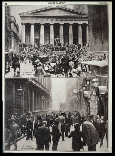 Oben: Schwarze Tage an der Wall Street; Unten: die Börse in London zur Zeit des Crashs 1929, aus 