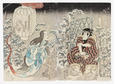 Seki Sanjūrō II als Kamiya Niemon und Onoe Kikugorō III aus Kamigata (Kudari) als die Laternengeister, bejubelt in den drei Städten (Sanganotsu gohyōban no chōchin no yūrei) von Utagawa (1786 1865) Kunisada