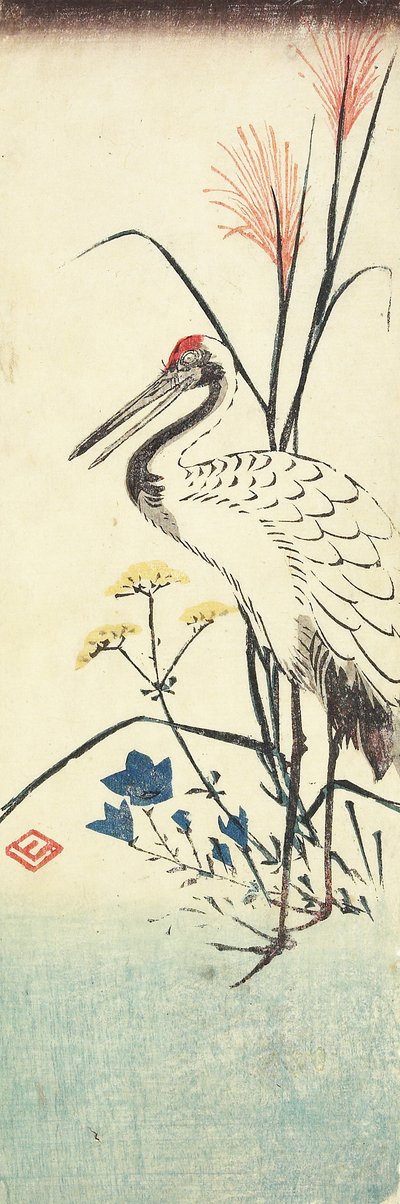 (Pampasgras, Patrinia, Chinesische Glockenblume und ein Kranich), 1830-1858 von Utagawa Hiroshige