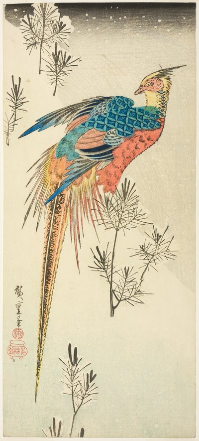 Ein Goldfasan auf einem steilen verschneiten Hang zwischen kleinen Kiefern von Utagawa Hiroshige