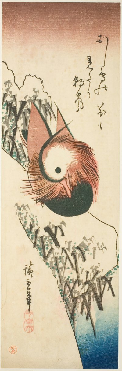 Ein Mandarinente auf einem verschneiten Ufer von Utagawa Hiroshige