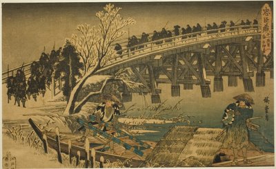 Akt 11, Teil 1: Der Anmarsch zum Nachtangriff (Juichidanme ichi, yochi oshiyose), aus der Serie "Die Rache der treuen Vasallen (Chushingura)" von Utagawa Hiroshige