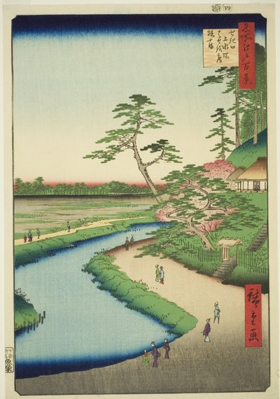 Bashos Hütte auf dem Kamelienhügel neben dem Aquädukt bei Sekiguchi, aus der Serie "Hundert berühmte Ansichten von Edo" von Utagawa Hiroshige