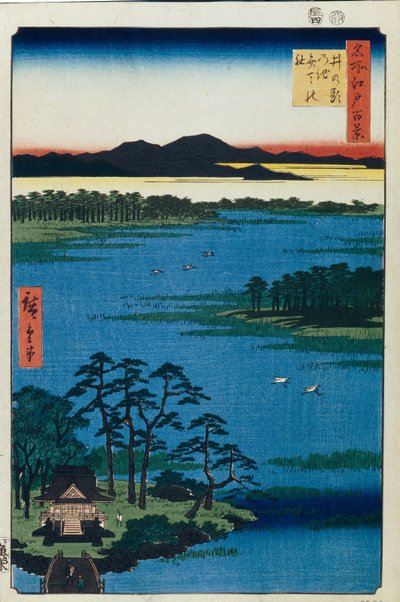 Benten-Schrein am Inokashira-Teich. Einhundert berühmte Ansichten von Edo, ca. 1858 von Utagawa Hiroshige