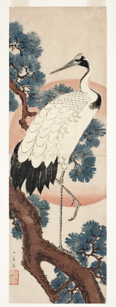 Kranich im Kiefernbaum bei Sonnenaufgang, 1850-55 von Utagawa Hiroshige