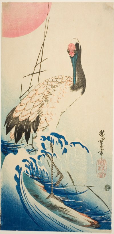 Kranich, Wellen und aufgehende Sonne von Utagawa Hiroshige