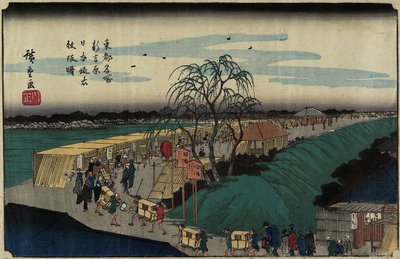 Morgendämmerung am Emonzaka-Hügel in Nihon-zutsumi Bank, Shin-Yoshiwara, ca. 1830 von Utagawa Hiroshige