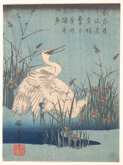 Reiher zwischen Schwertlilien und Gräsern von Utagawa Hiroshige