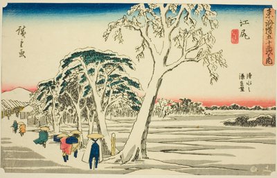 Ejiri: Fernsicht auf den Hafen von Shimizu bei klarem Wetter nach Schneefall, aus der Serie "Dreiundfünfzig Stationen des Tokaido" von Utagawa Hiroshige