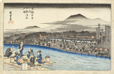 Genießen der Abendkühle am Flussbett bei Shijō von Utagawa Hiroshige