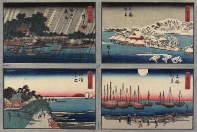 Abendschnee in Shinobazu, Herbstmond in Takanawa, Sonnenaufgang in Susaki, Nachtregen am Sumida-Fluss, 1843-1847 von Utagawa Hiroshige