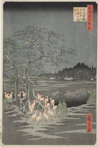 Fuchsfeuer an Silvester am Wechselbaum in Oji, aus der Serie "Hundert berühmte Ansichten von Edo" von Utagawa Hiroshige