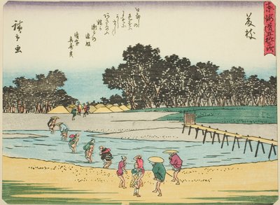Fujieda, aus der Serie "Dreiundfünfzig Stationen des Tokaido (Tokaido gojusan tsugi)", auch bekannt als Tokaido mit Gedicht (Kyoka iri Tokaido) von Utagawa Hiroshige