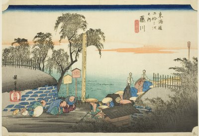 Fujikawa: Ansicht der Postaußenbezirke (Fujikawa, bohana no zu), aus der Serie Die dreiundfünfzig Stationen des Tokaido (Tokaido gojusan tsugi no uchi), auch bekannt als der Hoeido Tokaido von Utagawa Hiroshige