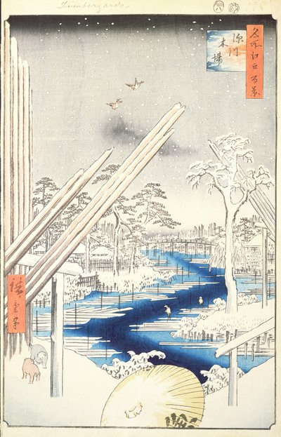 Fukagawa-Holzlager, Nr. 106 aus Einhundert berühmte Ansichten von Edo, 1856 von Utagawa Hiroshige