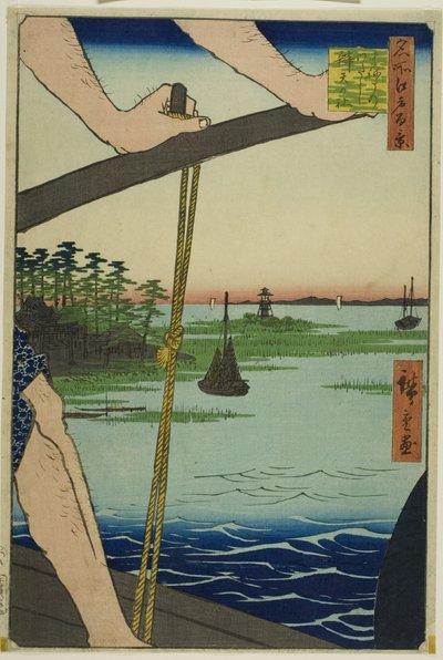 Haneda-Fähre und Benten-Schrein (Haneda no watashi Benten no yashiro), aus der Serie "Hundert berühmte Ansichten von Edo (Meisho Edo hyakkei)" von Utagawa Hiroshige
