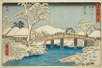 Hodogaya: Katabira-Fluss und Katabira-Brücke (Hodogaya, Katabiragawa Katabirabashi)—Nr. 5, aus der Serie "Dreiundfünfzig Stationen des Tokaido (Tokaido gojusan tsugi)", auch bekannt als Reisho Tokaido von Utagawa Hiroshige