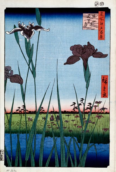 Schwertlilien in Horikiri, Einhundert berühmte Ansichten von Edo, 1856-1858 von Utagawa Hiroshige