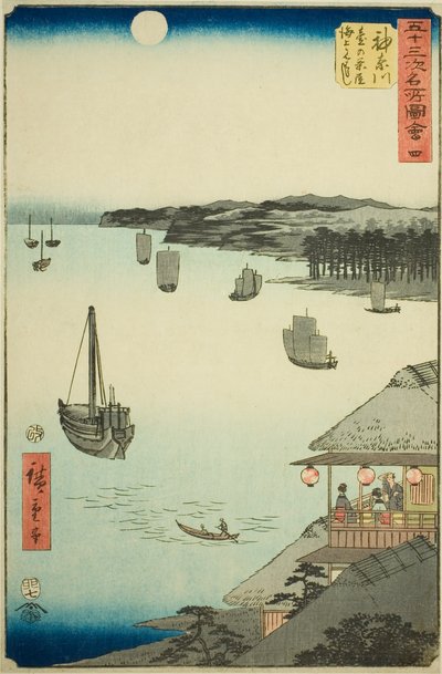 Kanagawa: Blick über das Meer von den Teehäusern auf dem Hügel, Nr. 4 aus der Serie "Berühmte Ansichten der dreiundfünfzig Stationen", auch bekannt als der vertikale Tokaido von Utagawa Hiroshige