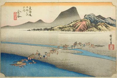 Kanaya: Das ferne Ufer des Oi-Flusses (Kanaya, Oigawa engan), aus der Serie "Dreiundfünfzig Stationen der Tokaido-Straße (Tokaido gojusan tsugi no uchi)," auch bekannt als Hoeido Tokaido von Utagawa Hiroshige