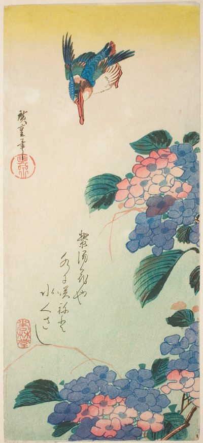 Eisvogel und Hortensie von Utagawa Hiroshige