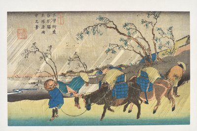 Kutsukake: Ansicht des Regens über der Hiratsuka-Ebene aus der Serie „Die 69 Stationen des Kisokaidō“ von Utagawa Hiroshige