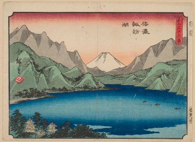 See Suwa in der Provinz Shinano, aus der Serie „36 Ansichten des Berges Fuji“ von Utagawa Hiroshige