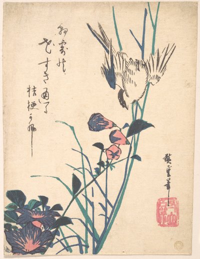 Großblütiger Flachsschnabel und Spatz von Utagawa Hiroshige