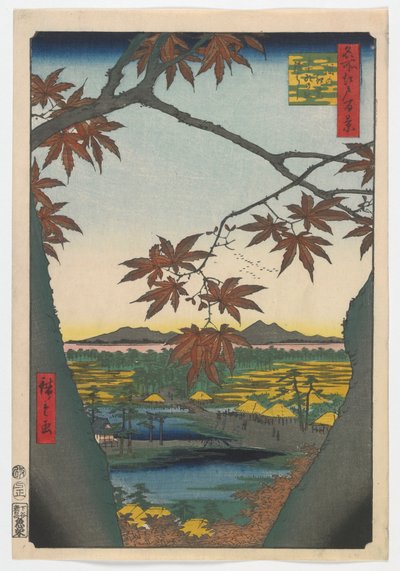 Ahornbäume bei Mama, Tekona-Schrein und verbundene Brücke, Edo-Periode, 1857 von Utagawa Hiroshige
