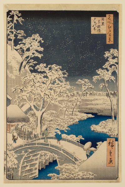 Die Trommelbrücke von Meguro und der Sonnenuntergangshügel, aus der Serie „Hundert berühmte Ansichten von Edo“ von Utagawa Hiroshige