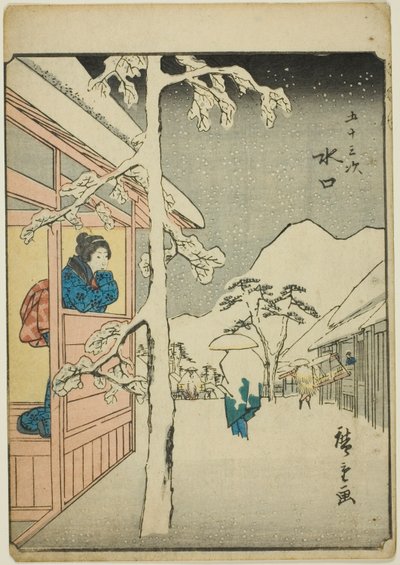 Minakuchi, aus der Serie "Dreiundfünfzig Stationen [des Tokaido] (Gojusan tsugi)," auch bekannt als die Figuren-Tokaido (Jinbutsu Tokaido) von Utagawa Hiroshige