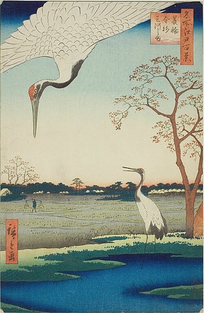 Minowa, Kanasugi, Mikawashima, Nr.102 aus der Serie „Hundert berühmte Ansichten von Edo (Meisho Edo hyakkei)“ von Utagawa Hiroshige