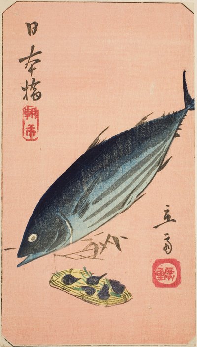Morgenmarkt an der Nihon-Brücke (Nihonbashi, asaichi), Abschnitt eines Blattes aus der Serie "Ausschnitte berühmter Orte in Edo (Harimaze Koto meisho)" von Utagawa Hiroshige
