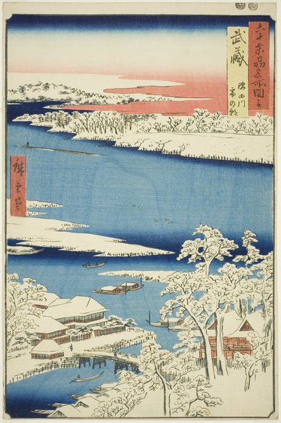 Provinz Musashi: Morgen nach Schnee am Sumida-Fluss (Musashi, Sumidagawa yuki no ashita), aus der Serie "Berühmte Orte in den sechzig Provinzen (Rokujuyoshu meisho zue)" von Utagawa Hiroshige